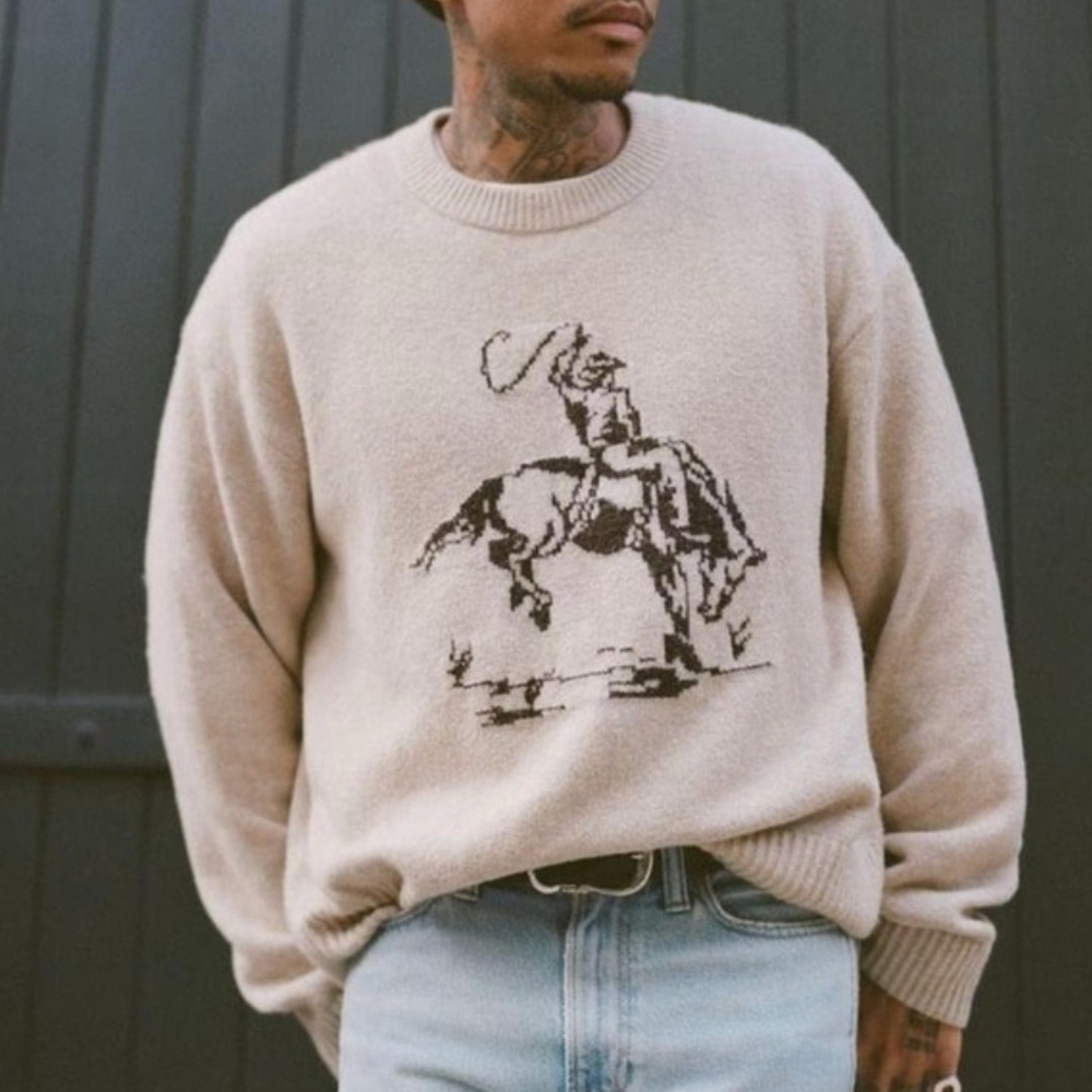 ✨ SOLD✨ Abercrombie & Fitch Cowboy Crewneck Sweater In Beige - S - Picture 5 of 5